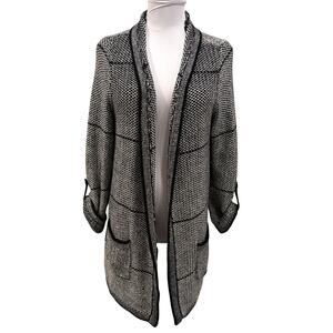 Chico’s Open Front Knit Cardigan Black White Longline 2 Large Workwear Luxe